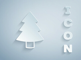 Paper cut Christmas tree icon isolated on grey background. Merry Christmas and Happy New Year. Paper art style. Vector