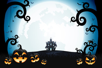 Halloween smiling pumpkin faces, spooky trees and haunted house with moonlight on blue background.