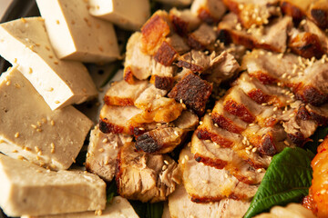 Boiled pork on a plate, Korean food 
