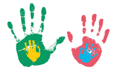 Hand prints of family. Texture of handprints of mother, father and two children. Human fingers and palm of hands. Vector illustration