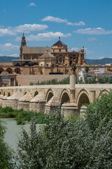 Naklejka premium View of the Cordoba mosque next to the Roman bridge as it passes through the Guadalquivir