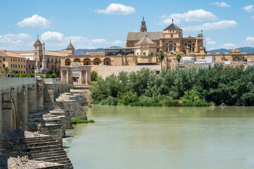 Fototapeta premium View of the Cordoba mosque next to the Roman bridge as it passes through the Guadalquivir