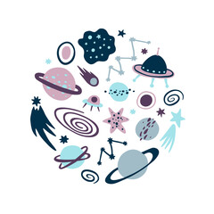 Space hand drawn cartoon vector illustrations set. Doodle cosmic collection asteroid, flying saucer, planets cliparts. Flat kids vector illustration on white background.
