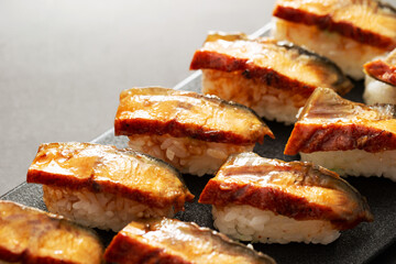 Seasoned eel sushi on a plate