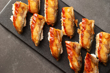 Seasoned eel sushi on a plate