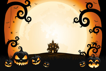 Halloween scary pumpkin faces, spooky trees and haunted house with moonlight on orange background.