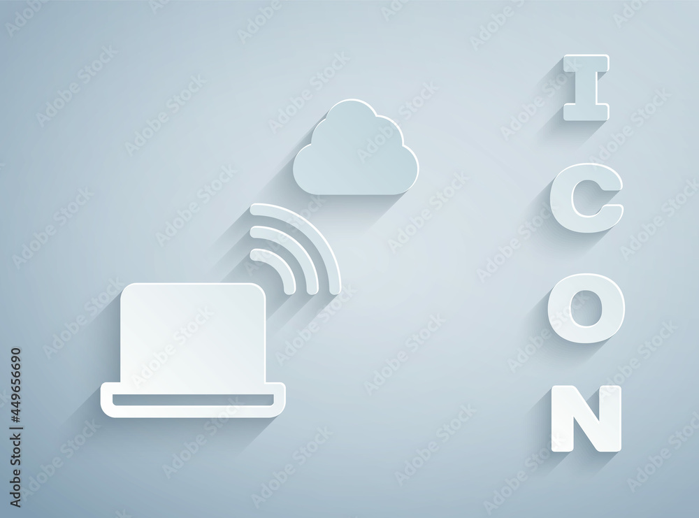 Poster paper cut network cloud connection icon isolated on grey background. social technology. cloud comput