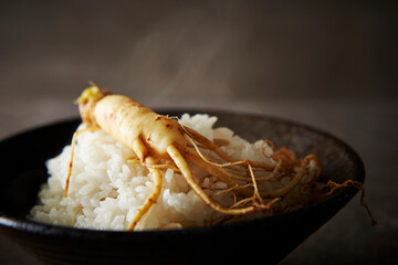 Ripe rice and ginseng in a ceramic bowl