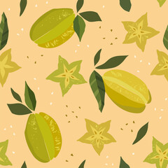 Modern vector seamless pattern with carambola. Trendy abstract design. Hand drawn textures for printing on fabric, paper, cover, interior decor, posters.