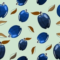 Seamless pattern with plums and lime leaves.The raster illustration is hand-drawn in the trending style of line art. Design for fabric, clothing and other items.