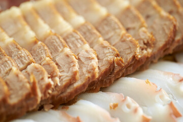 Boiled pork on a plate, Korean food 