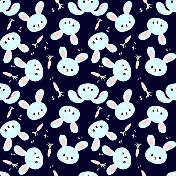 Seamless pattern with cute bunnies, carrots and other elements. Design for clothing, fabric and other items. The illustration is hand-drawn with live lines in the cartun style.