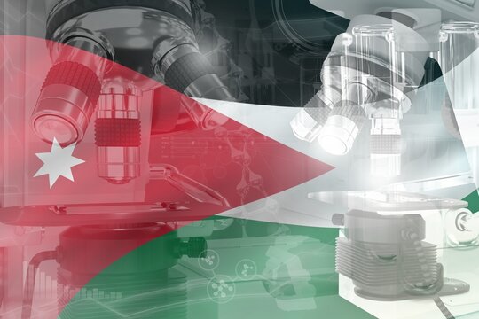 Microscope on Jordan flag - science development conceptual background. Research in biology or pharmacy, 3D illustration of object