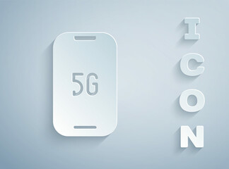 Paper cut Mobile with 5G new wireless internet wifi icon isolated on grey background. Global network high speed connection data rate technology. Paper art style. Vector