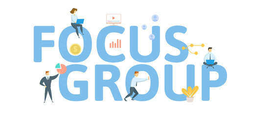 Focus Group. Concept with keywords, people and icons. Flat vector illustration. Isolated on white.