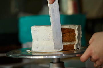 Making a cake, decorating the cake with whipped cream