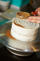 Making a cake, sprinkling cinnamon powder on the cake