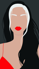 Portrait of a girl in a modern flat style. Vector image of a dark-haired girl with white strands. Red lips and top. Design for cards, posters, backgrounds, templates, avatars, textiles.