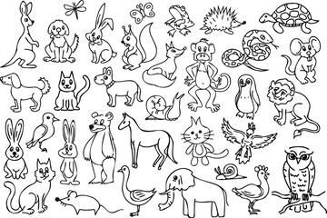 Fototapeta premium Vector outline animal illustration set. Collection of black contour cartoon characters. Black thin line animal coloring illustrations.