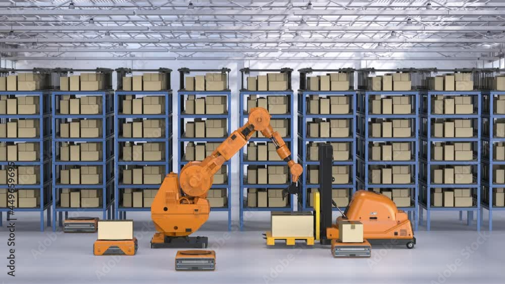 Poster automatic warehouse concept with 3d rendering automation robot work in warehouse 4k footage