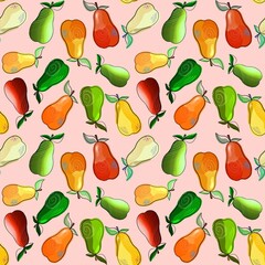 Seamless pattern with multicolored pears.The raster illustration is drawn by hand in the trending style of line art. Design for fabric, clothing and other items.