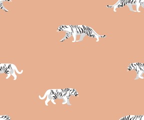 Fototapeta na wymiar Hand drawn vector abstract stock modern graphic illustrations,safari bohemian contemporary seamless pattern print with exotic wild tigers animals striped texture in pastel colors.