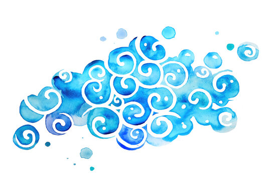 Wind blowing watercolor motion illustration. Blue cloud air spiral meteo atmosphere changing sky
