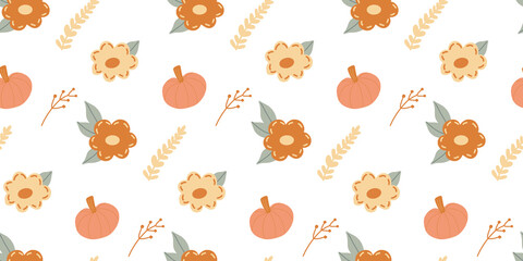 Seamless pattern with autumn elements in simple Scandinavian style - Pumpkin, fall flowers, herbs, branches, leaves on white background. Cute seasonal childish texture Thanksgiving, Halloween