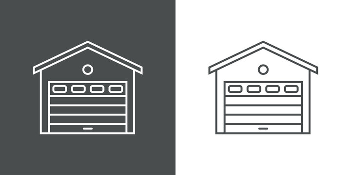 Icono plano puerta de garaje de casa con lineas en fondo gris y fondo blanco