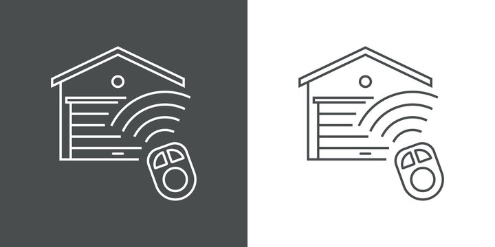 Icono plano puerta de garaje de casa con control remoto con lineas en fondo gris y fondo blanco