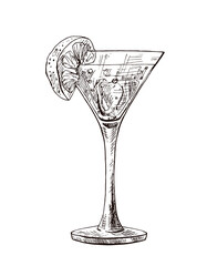 Cocktail martini with ice and lemon. Hand drawn sketch. Vector graphic illustration for design, menu.