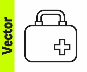 Obraz premium Black line First aid kit icon isolated on white background. Medical box with cross. Medical equipment for emergency. Healthcare concept. Vector