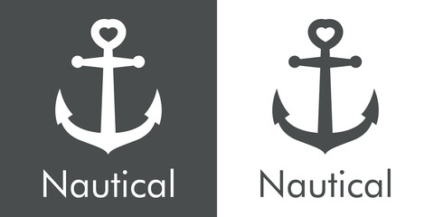 Logotipo con texto Nautical y ancla de barco con forma de corazón en fondo gris y fondo blanco