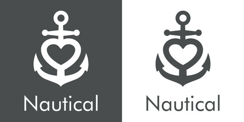 Logotipo con texto Nautical y ancla de barco con forma de corazón en fondo gris y fondo blanco © teracreonte