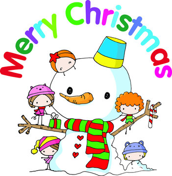 Merry Christmas snowman and kid cartoon vector illustration