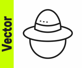 Black line Camping hat icon isolated on white background. Beach hat panama. Explorer travelers hat for hunting, hiking, tourism. Vector