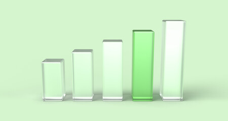 3D rendered transparent statistic bars on a green background. Illustration of corporate efficiency, income improvement, or business diagrams. Visualization for infographics or analytics.