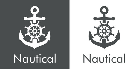 Logotipo con texto Nautical y ancla con timón de barco en fondo gris y fondo blanco © teracreonte