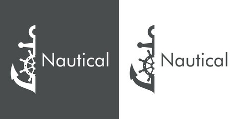 Logotipo con texto Nautical y ancla con tim&oacute;n de barco en fondo gris y fondo blanco 