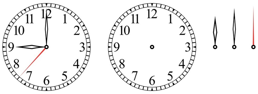 Ziffernblatt Symbol mit Ziffern. Weißer isolierter Hintergrund.
Stunden, Minuten und Sekundenzeiger einzeln. Für eigene Positionierung.