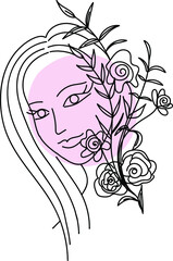 Abstract floral woman face vector illustration. Woman face with flowers. Abstract womn face line art.