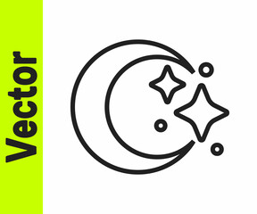 Black line Moon and stars icon isolated on white background. Cloudy night sign. Sleep dreams symbol. Full moon. Night or bed time sign. Vector