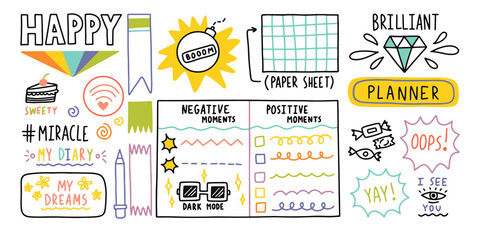 Naklejka premium Diary bullet cute journal border elements. Note icon, sticker for school. Vector illustration
