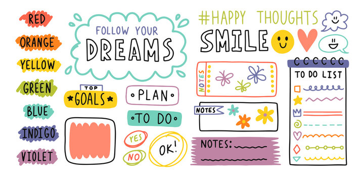 Diary Bullet Cute Journal Border Elements. Note Icon, Sticker For School. Vector Illustration