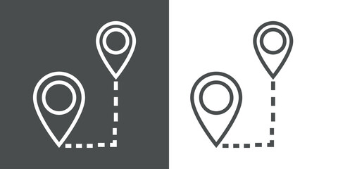 Icono plano con hoja de ruta con línea de puntos entre marcadores de posición en fondo gris y fondo blanco