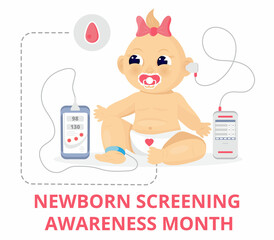 Newborn screening awareness month concept vector. Heel stick and blood drop test
