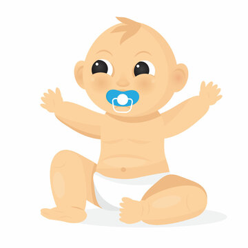 The baby is sitting and sucking a pacifier. Cartoon baby is wearing a diaper. Happy infancy concept vector.