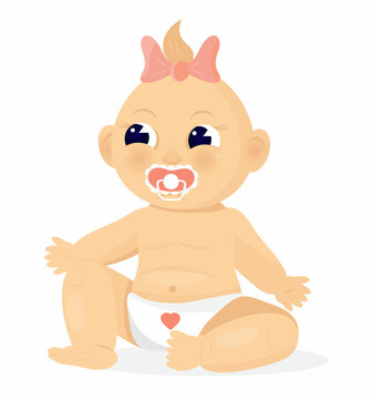 The baby is sitting and sucking a pacifier. Cartoon baby is wearing a diaper. Happy infancy concept vector.