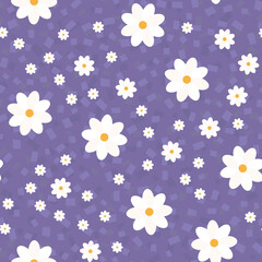 Chamomile seamless pattern. Abstract background with white daisies on the lilac. Pattern for textiles, fabrics, bed linen, wallpaper. Decorative print for design with chamomile and daisies. Vector