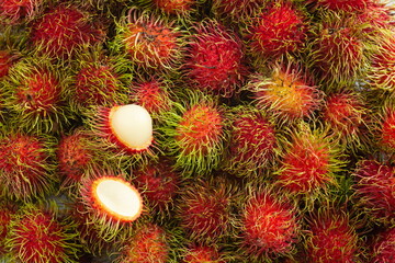 Rambutan fruit close up shot with top view.